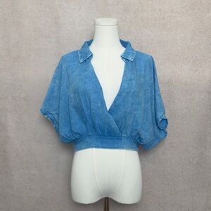 Zenana Mineral Washed Denim Blue Chambray Wrap Cropped Top Elastic Waistband